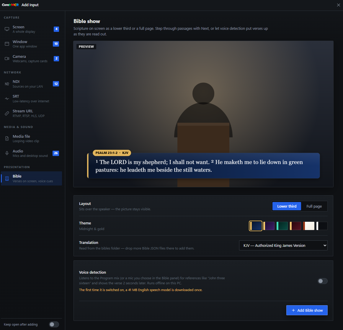 CoreMCR Bible input with a live lower-third verse over a camera preview and voice detection options.