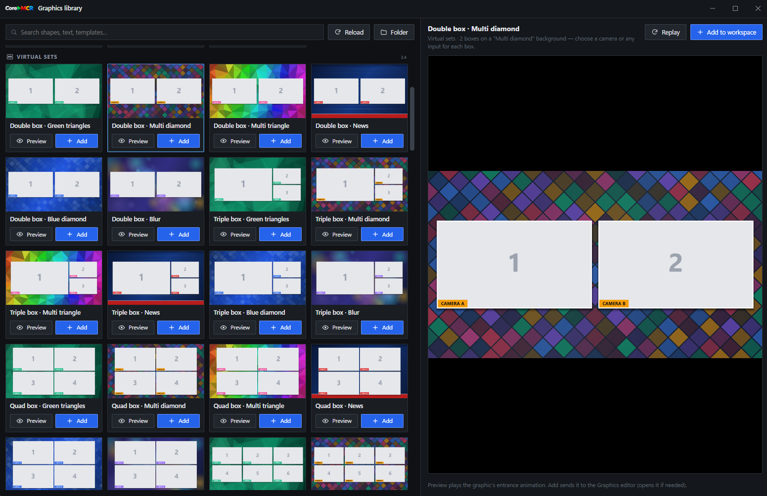 CoreMCR graphics library showing virtual set layouts, camera boxes, preview controls and options to add a design to a workspace.