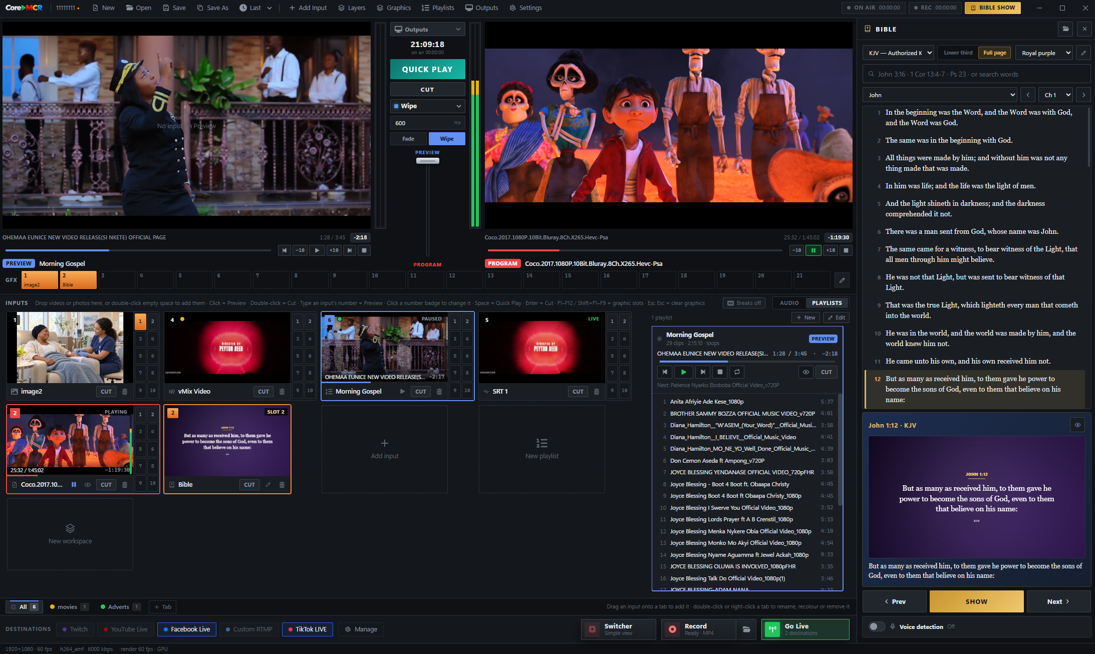 CoreMCR live production interface showing Preview and Program, scripture graphics, playlists, sources, mixer and streaming controls.
