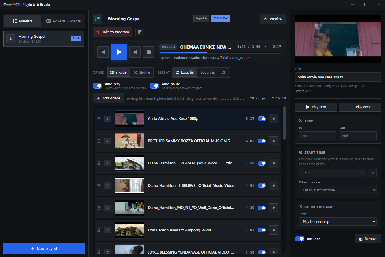 CoreMCR playlist controls with ordered video clips, autoplay, looping and playback scheduling.