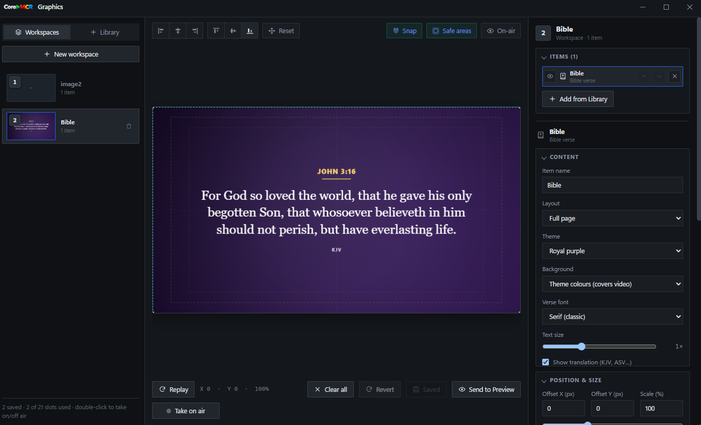 CoreMCR Bible graphics workspace with a styled John 3:16 verse, layout and theme controls.